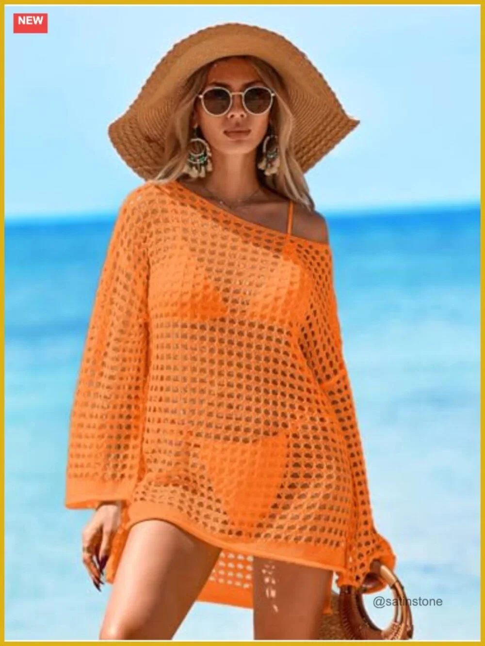 Crochet Swimsuit Cover Up Oversized Long Sleeve Mesh Knit Mini Dress